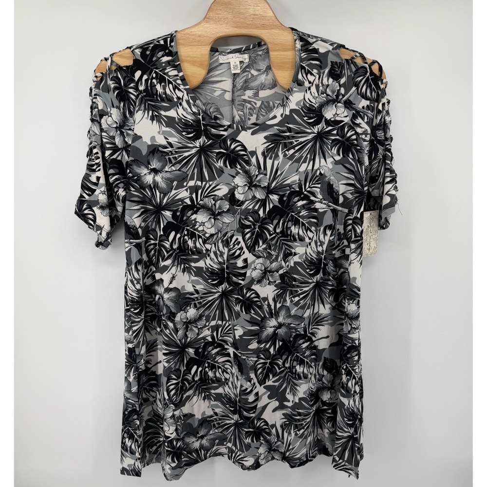 French Laundry Top Womens 3X Black White Tropical Cold Shoulder V-Neck Tunic
